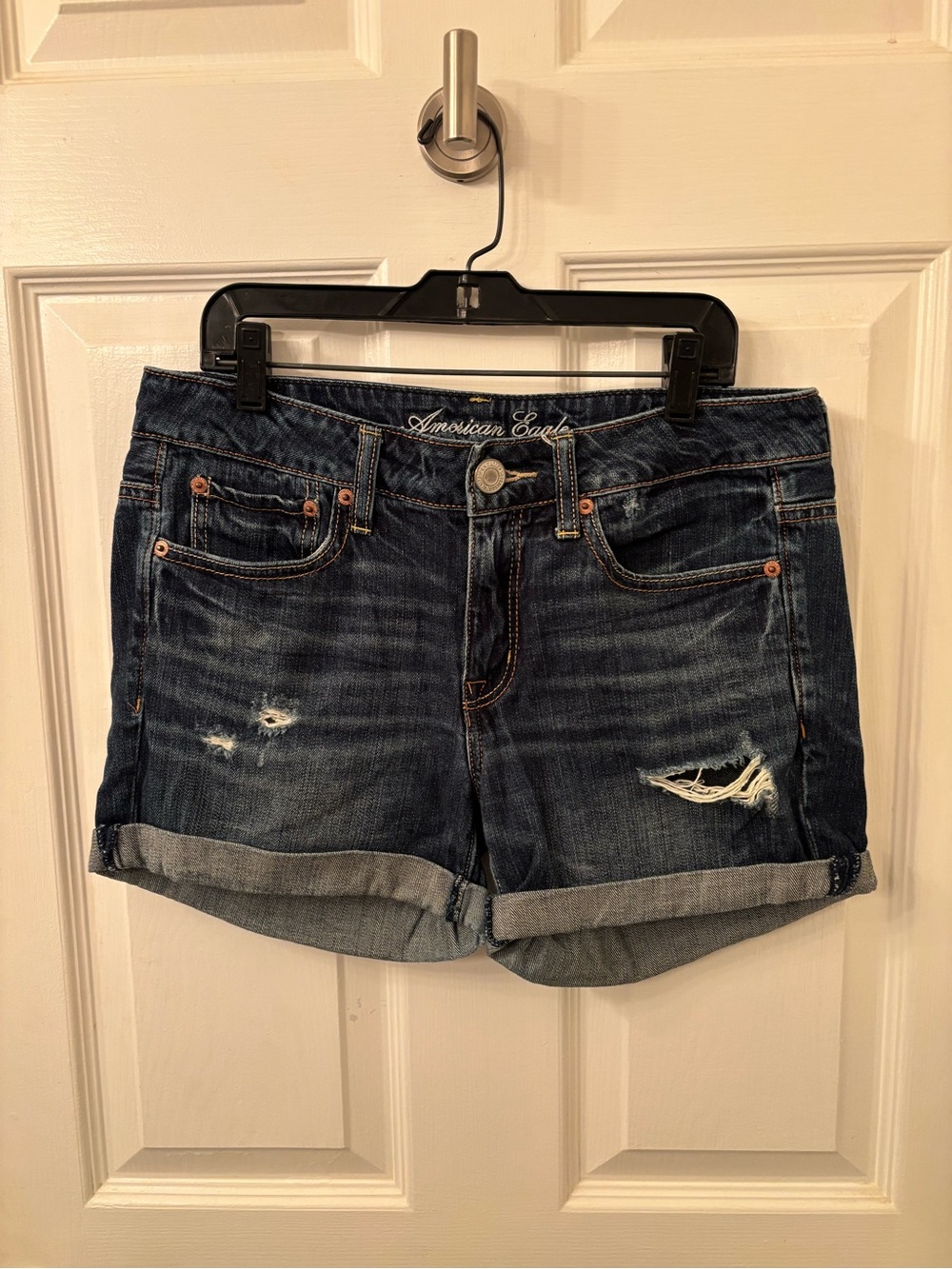 American Eagle Outfitters Dark Indigo Distressed Denim Rolled Shorts